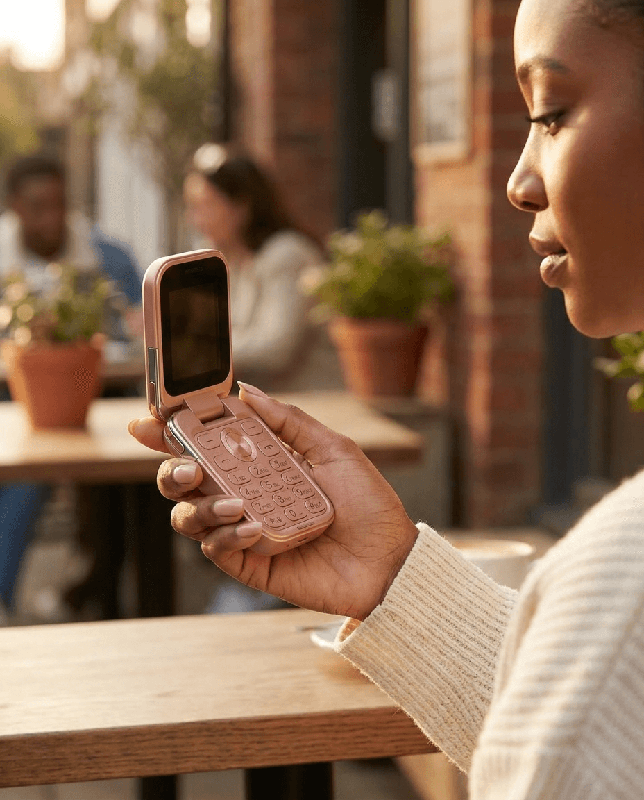 Woman holding the Smart Flip i17 while out at a cafe
